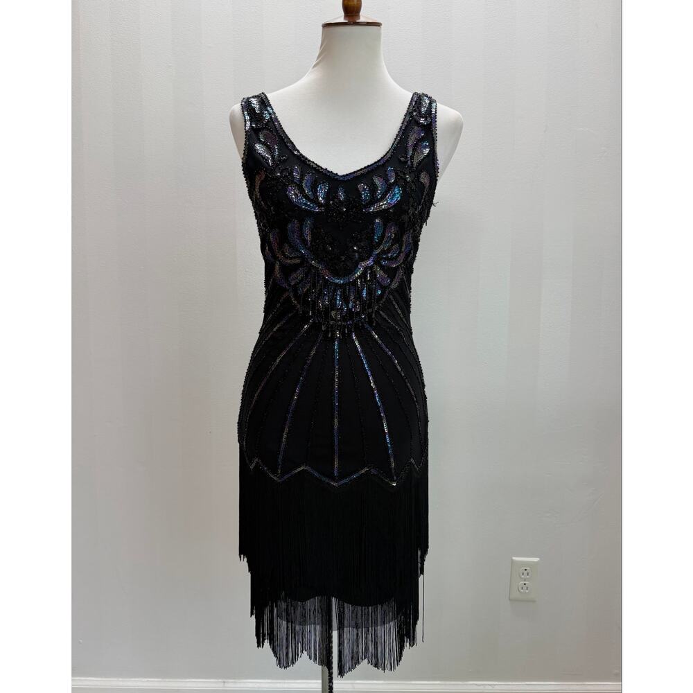 NWT BABEYOND Black Sequin Fringe Flapper Great Gatsby Cocktail Dress Sz XS